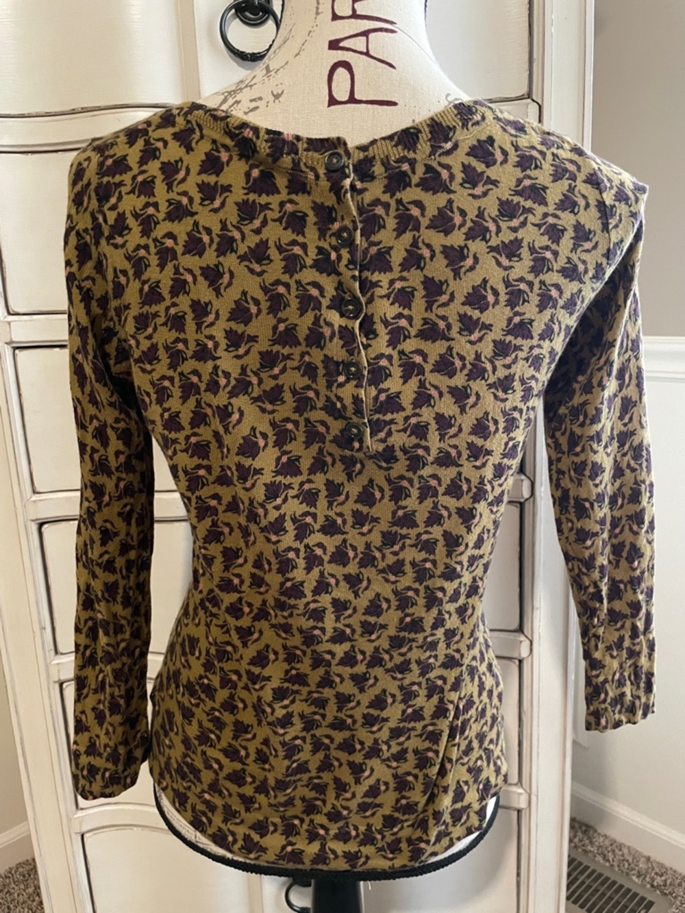 LOFT Olive Green Floral Knit Sweater XS